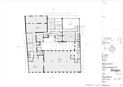 Etasjeplan (Plan 02) som viser romfordeling, veggposisjon og innredning for et plan i en bygning.