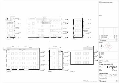 Fasadetegning som viser bygningens utseende fra utsiden med vinduer og dører.