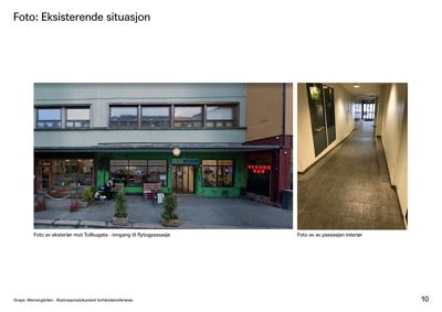 To fotografier som viser eksisterende situasjon: fasaden på en bygning med en bar ('REKORD BAR') og en inngang, samt et bilde av en gangpassasje inne i bygningen.