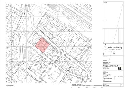 Situasjonsplan som viser bygningenes plassering i forhold til nabolag og veier.