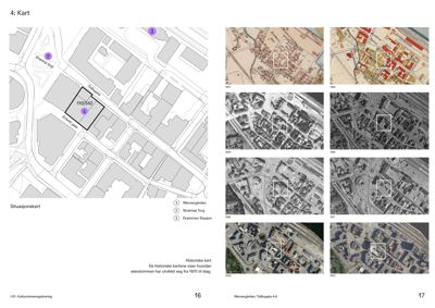 Bildet viser en situasjonsplan med historiske kart og flyfoto som viser utviklingen av eiendommen over tid.