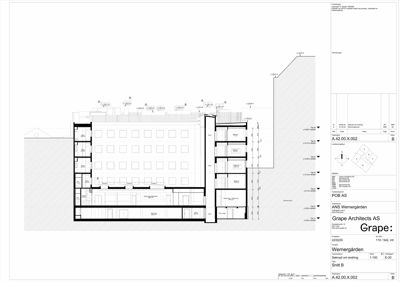 Snittegning (Snitt B) som viser tverrsnittet av bygningen med romfordeling og høydemål.