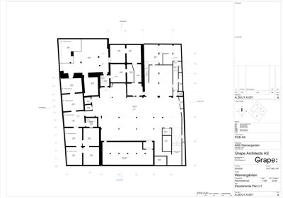 Etasjeplan (U1) som viser romfordeling, veggposisjon og mål for en eksisterende bygning.