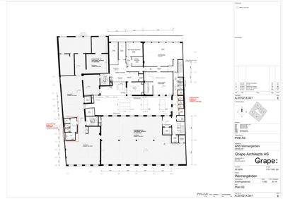 Etasjeplan (Plan 02) som viser romfordeling, veggtykkelse og mål for et plan i bygningen.