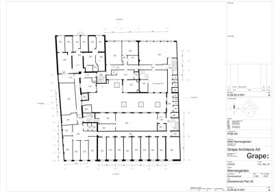 Etasjeplan (eksisterende plan) som viser romfordeling, veggposisjon og mål i en bygning.