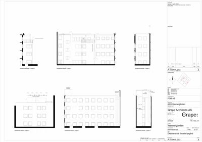 Fasadetegning som viser utsiden av bygningen sett fra flere vinkler (Lysgård 1-6).