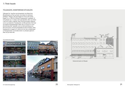 Bildet viser en side fra en rapport eller planleggingsdokument. Den ene siden inneholder tekst om 'Tollbugata, eksisterende situasjon' og tre fotografier av en eksisterende bygning (Rekord bar). Den andre siden viser en tegning av fasaden. Siden spørsmålet refererer til 'bildet' (singularis), og det dominerende innholdet er tekst og bilder av eksisterende tilstand, klassifiseres det som 'photo'.