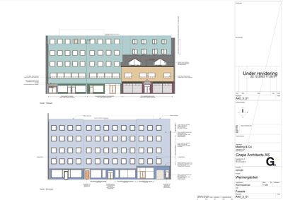 Fasadetegning som viser fronten av bygningen med fargeoppsett og detaljer.