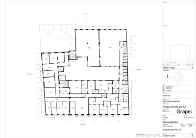 Etasjeplan (eksisterende plan) som viser romfordeling, veggposisjon og mål i en bygning.