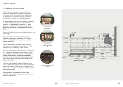Fasadetegning som viser en bygning sett fra siden, med merknader om vinduer og dører.