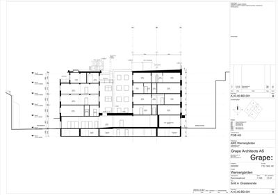Snittegning av en eksisterende bygning (Wernergården) som viser romfordeling, høyder og konstruksjon.