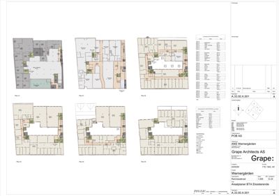 Bildet viser en arkitekttegning med flere etasjeplaner (Plan 01, Plan 02, Plan 03, Plan 04, Plan 05, Plan 06) for et bygg, inkludert romfordeling og teknisk informasjon.