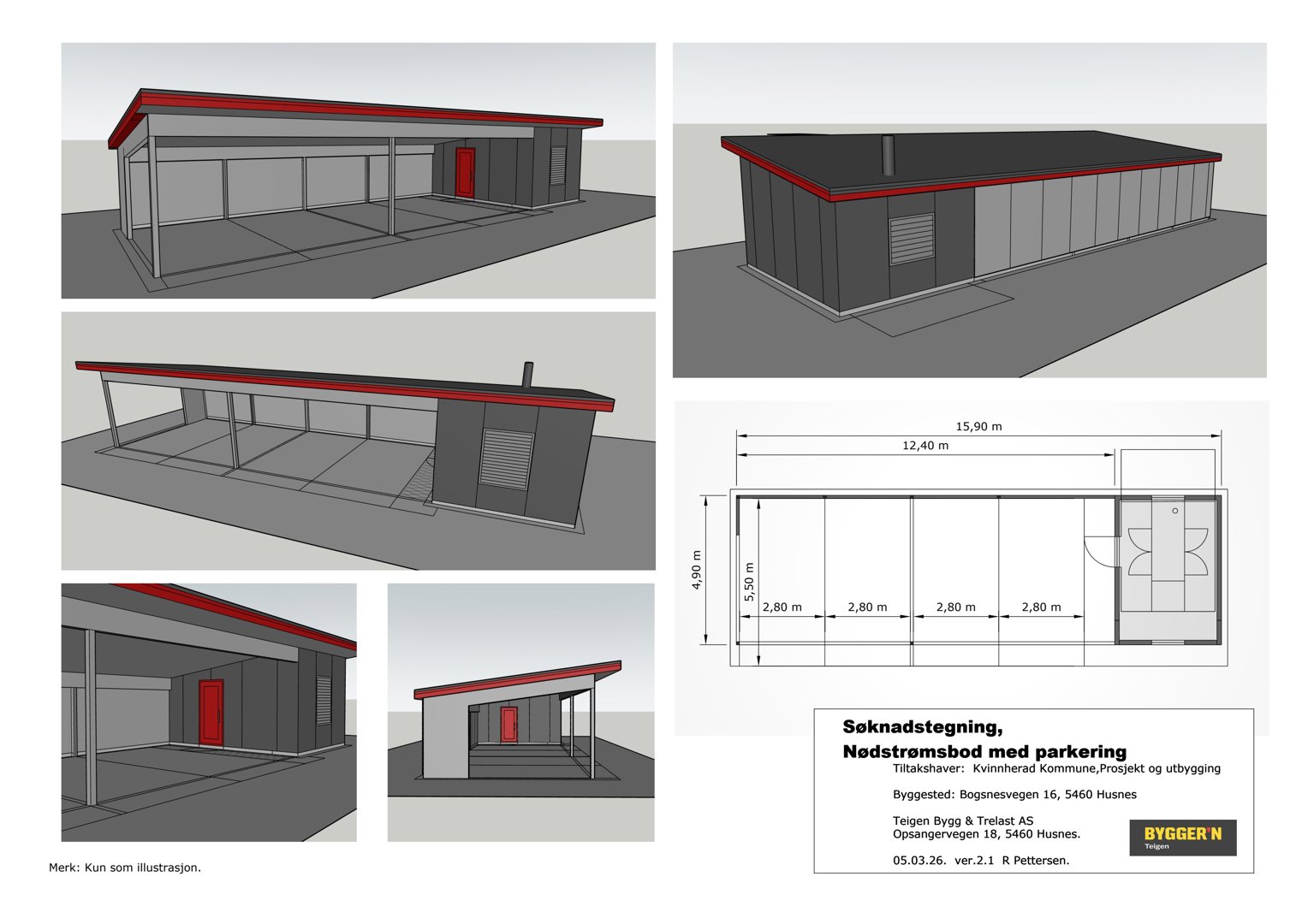 En samling av 3D-visualiseringer (renderinger) som viser en nødstromsbod fra flere vinkler, samt en teknisk søknadstegning med mål og romoppdeling.