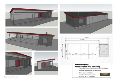En samling av 3D-visualiseringer (renderinger) som viser en nødstromsbod fra flere vinkler, samt en teknisk søknadstegning med mål og romoppdeling.