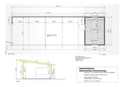 Bildet viser en snittegning (Snitt A) av en bygning, inkludert etasjeplan og tekniske mål for takhøyde og fundament.
