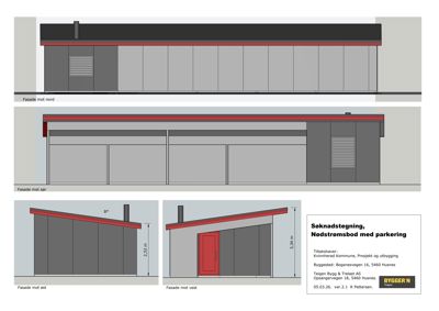 Fasadetegninger som viser utsiden av en planlagt nødstømsbod sett fra nord, sør, øst og vest.