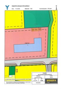 Situasjonsplan som viser eiendomsnummer 144/141, naboeiendommer, vegger og en planlagt bygning.