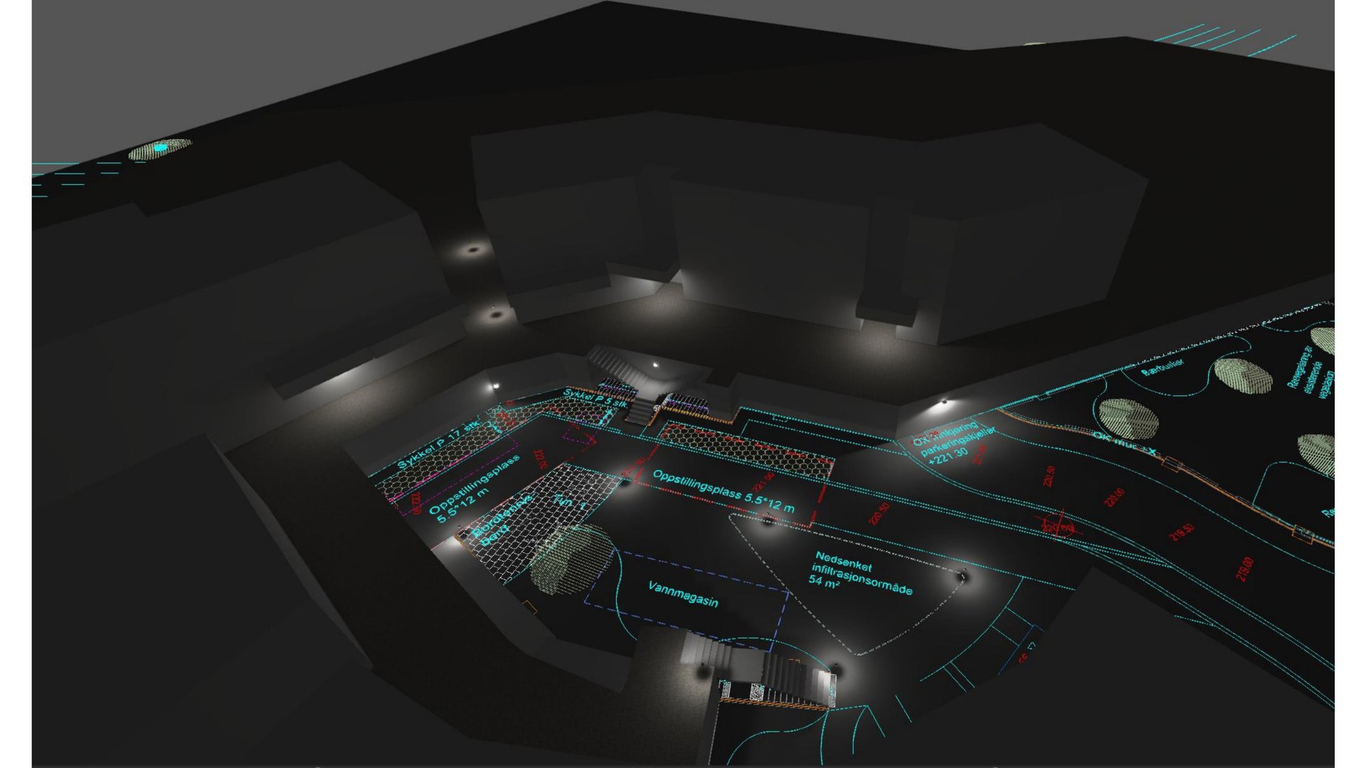 3D-visualisering (rendering) av et byggeprosjekt sett fra en vinkel som viser både fasade og situasjon. Tegningen inneholder overlagte tekniske data og mål.