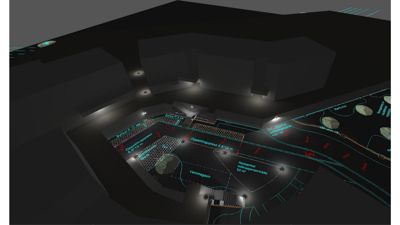 3D-visualisering (rendering) av et byggeprosjekt sett fra en vinkel som viser både fasade og situasjon. Tegningen inneholder overlagte tekniske data og mål.