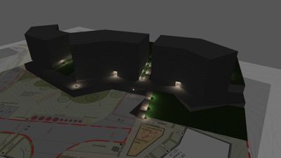 Fotografi av en 3D-modell eller rendering av en bygning som er plassert over en situasjonsplan.