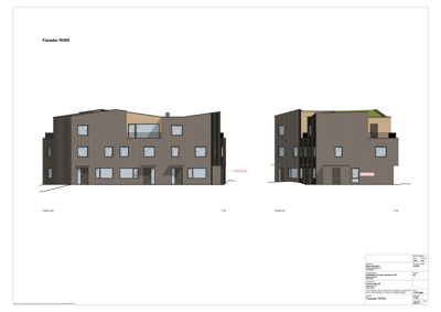 Fasadetegning som viser bygningens utseende fra to ulike vinkler (for- og sidefasade).