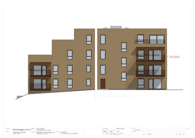 Fasadetegning som viser bygningens utside, inkludert vinduer, balkonger og fasadematerialer.