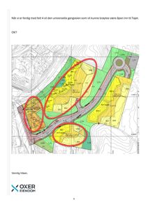 Situasjonsplan som viser tomtens form, høydekurver, beplantning (grønt), asfalterte områder (gult) og byggefelt (B1-B9).