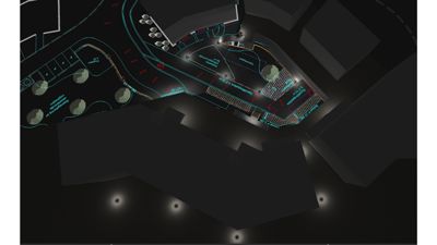 En 3D-visualisering (rendering) av et byggeprosjekt sett fra en vinkel som viser både fasade og omgivelser. Bildet illustrerer lyssetting, materialer og plassering i terrenget.