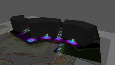 3D-visualisering av tre bygninger plassert på en situasjonsplan. Bygningene er mørke og har lysende effekter rundt inngangene.