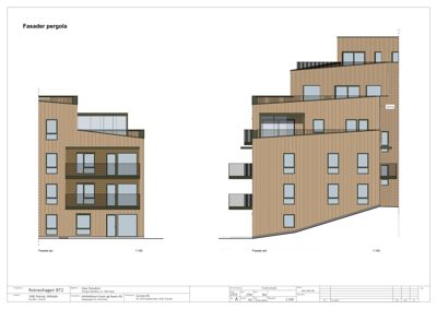 Fasadetegning som viser bygningens utseende fra øst og sør med detaljer om materialer og vinduer.