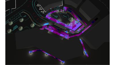 3D-visualisering (rendering) av et byggeprosjekt sett fra oven, med fokus på fasadebehandling, lys og fargevalg.