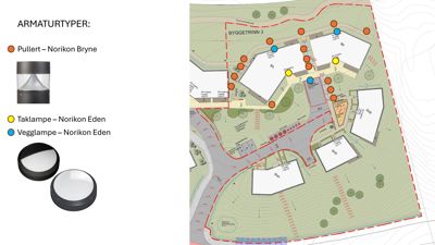 Situasjonsplan som viser plassering av lysanlegg (armaturer) på et byggeområde, med tegning av bygninger, veier og terrengkonturer.