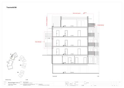 Tverrsnitttegning (snitt) av bygningen 'Rotneshagen trinn 3', som viser etasjehøyder, vinduer og balkonger.
