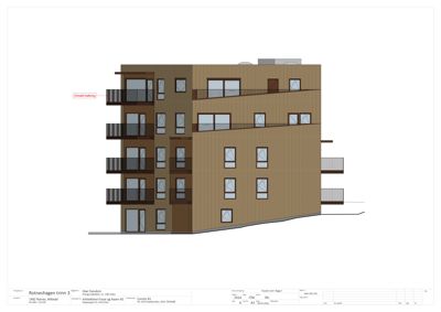 Fasadetegning som viser bygningens utside med vinduer, balkonger og fasadematerialer.