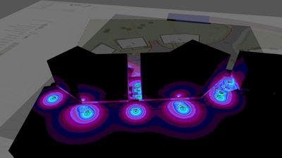 3D-visualisering (rendering) som viser en bygning med overlagte fargekart som illustrerer akustiske eller termiske egenskaper.
