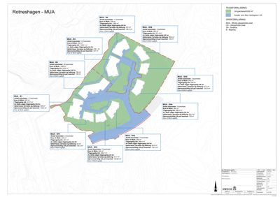 Situasjonsplan for Rotneshagen - MUA som viser tomtens oppdeling i ulike enheter (MUA-01 til MUA-04) med detaljerte arealopplysninger, grenser og oppriss.