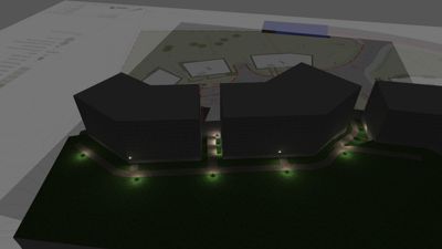 3D-visualisering av tre bygninger med lys i omgivelsene, overlappende en situasjonsplan.