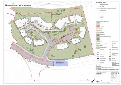 Oversiktsplan (situasjonsplan) for byggesaken Rotneshagen som viser plassering av nye og eksisterende bygninger, veier, gressområder og terrengforhold.