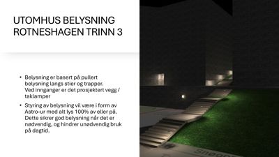 3D-visualisering av utomhusbelysning langs trapper og vegger i et mørkt miljø.