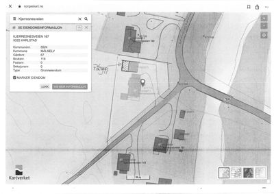 Kart fra Kartverket som viser eiendomsgrenser, bygninger og veier i Kjerresnesveien 167, Karlstad.
