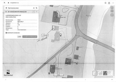 Kartutsnitt fra Kartverket som viser eiendomsplassering, vegnett og topografi for Kjerresnesveien 167 i Karlstad.