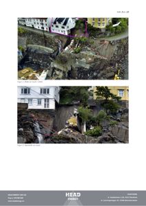 Fotografier av en rasert bygning og omgivelsene, inkludert et overblikk og et nærbilde.