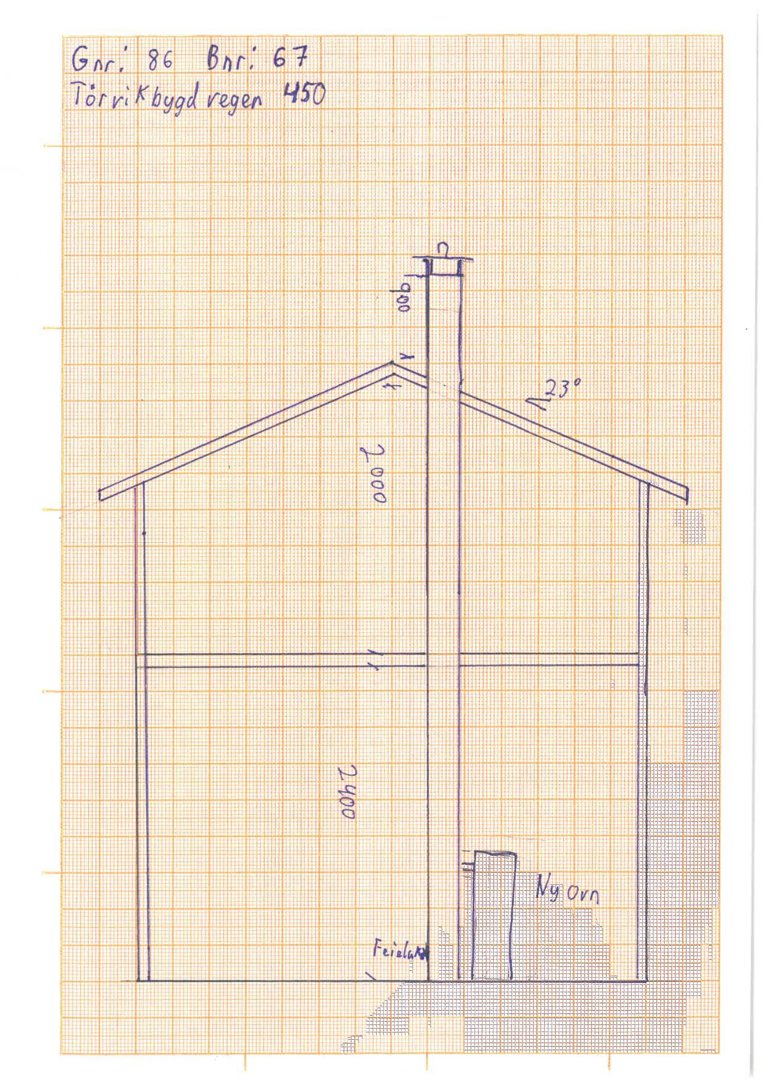 En håndtegnet snittegning som viser bygningens høyde, takhelling og plassering av en nyovn.