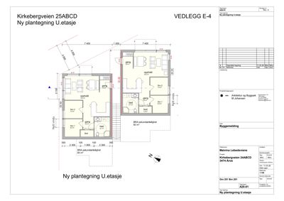 Etasjeplan (U.etasje) for en bolig på Kirkebergveien 25ABCD, som viser romfordeling, mål og utvendige vegger.