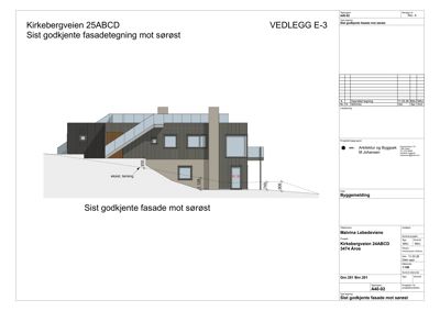 Fasadetegning som viser bygningens utseende sett fra sørøst.
