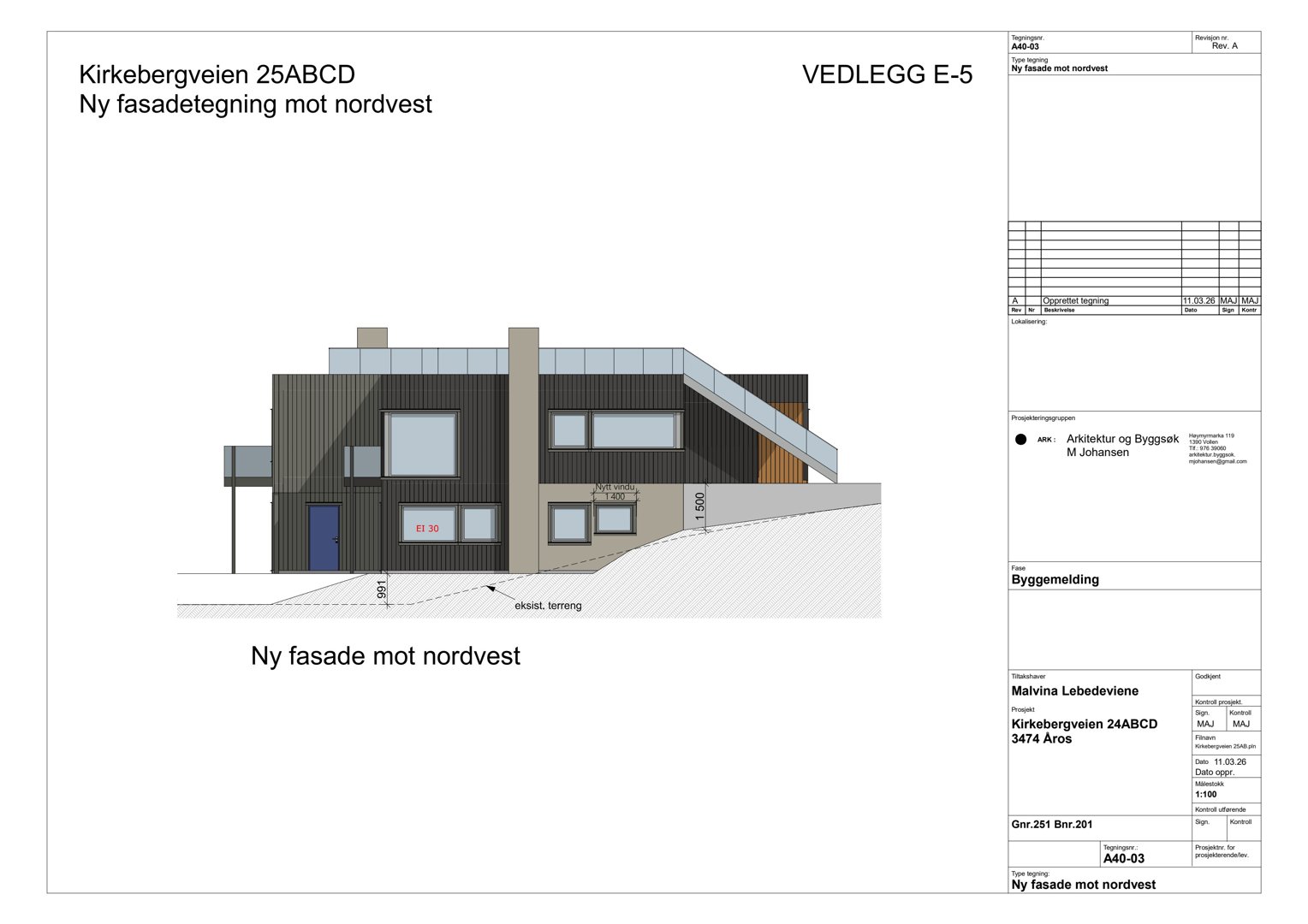 Fasadetegning av en bygning sett fra nordvest.