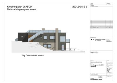 Fasadetegning som viser bygningens utseende sett fra sørøst.
