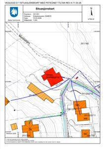 Situasjonskart som viser eiendomsnummer, bygningsspor, vegnett og topografi for et område i Asker kommune.