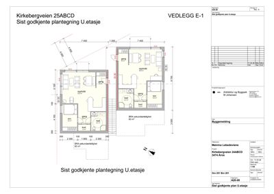 Etasjeplan (U.etasje) som viser romfordeling, mål og funksjoner i et hus.