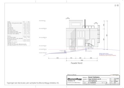 Fasadetegning (opprikk) av bygningen sett fra nord, med mål og detaljer.